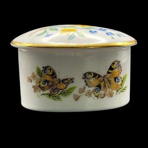 Caverswall Fine Bone China England Butterfly Yellow Blue Floral Trinket Box Gilt